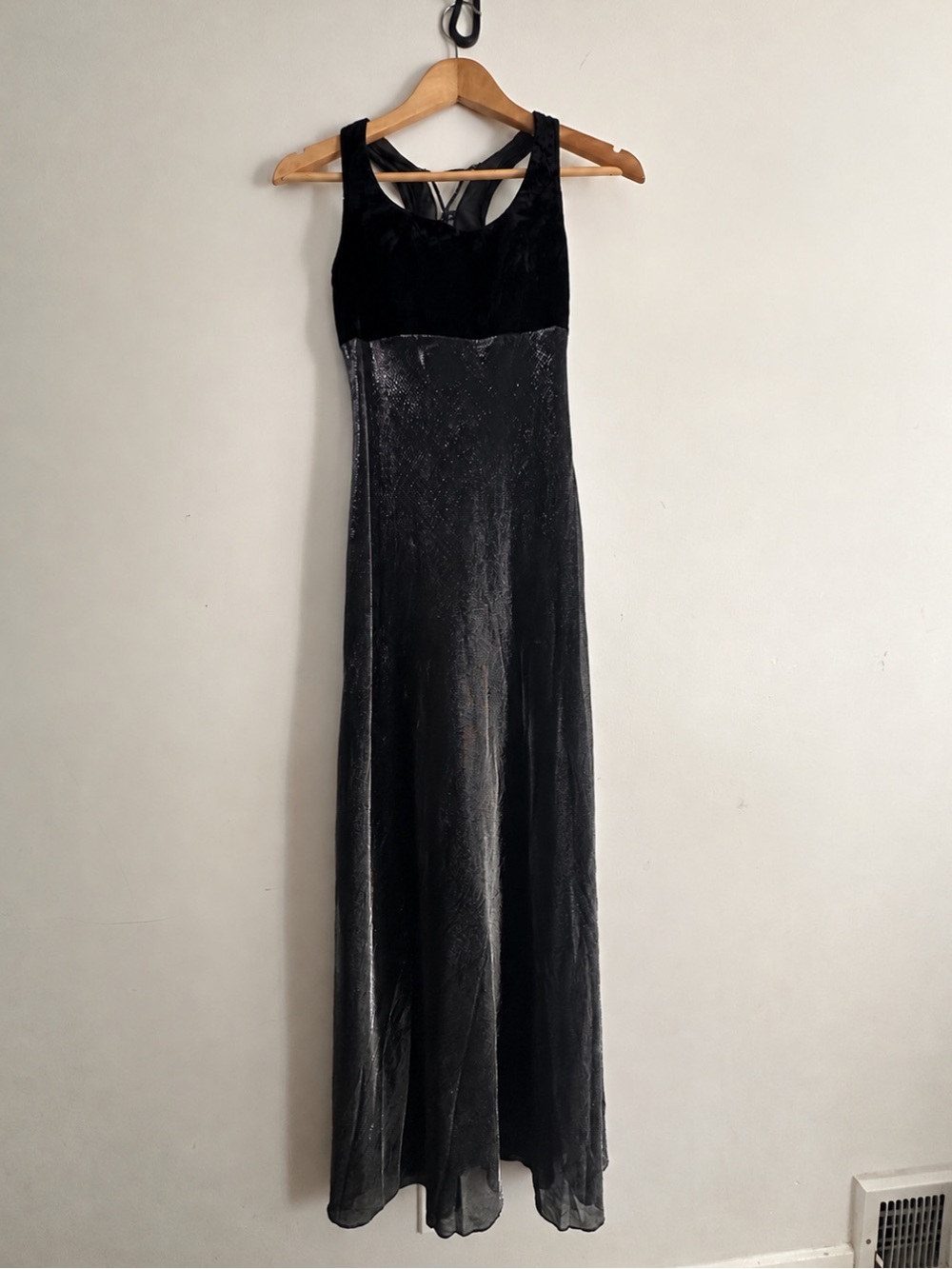 Vintage 90s Jump Black Velvet Metallic Maxi Evening Dress 3/4 lace back USA made